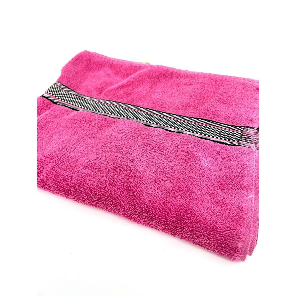 Vintage Stevens Bath Towel Hot Pink with Black Checkered Trim
